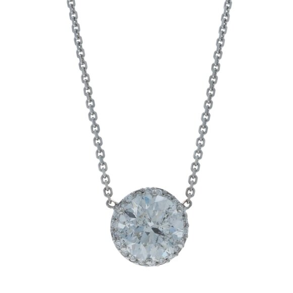 White Gold Diamond Halo Pendant Necklace 18 1/4" 14k Rnd 1.69ctw GIA Adjustable - Picture 1 of 6